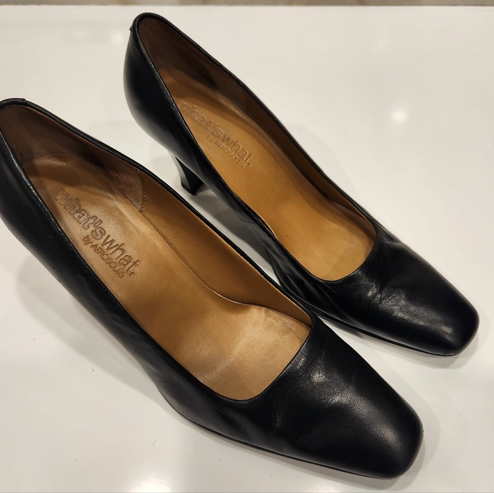 What's What by AEROSOLES - Black Leather Pumps - Block Heels Women's Size 9